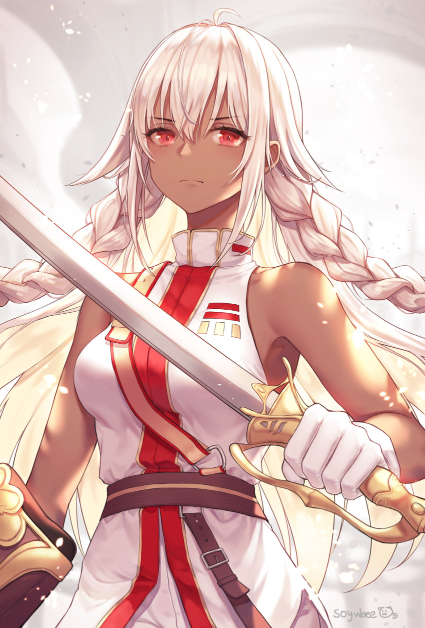 1girl absurdres ahoge artist_name bare_arms bare_shoulders belt braid breasts closed_mouth dark_skin expressionless fate/grand_order fate_(series) floating_hair gloves highres holding holding_sword holding_weapon lakshmibai_(fate/grand_order) long_hair looking_at_viewer medium_breasts red_eyes shirt sidelocks silver_hair sleeveless sleeveless_shirt solo soyubee sword twin_braids upper_body weapon white_gloves white_shirt