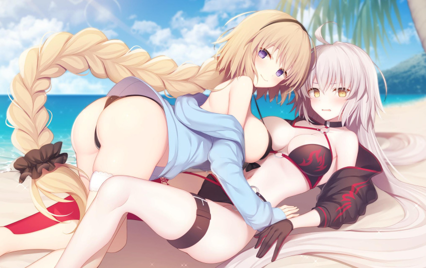 2girls ahoge ass bangs bare_shoulders beach bikini black_bikini black_choker black_gloves black_hairband black_jacket blonde_hair blue_sky blush breasts breasts_apart choker clouds collarbone commentary_request cropped_jacket day eyebrows_visible_through_hair fate/apocrypha fate/grand_order fate_(series) from_behind gloves groin hairband halter_top halterneck highres hood hood_down hoodie jacket jeanne_d'arc_(alter)_(fate) jeanne_d'arc_(alter_swimsuit_berserker) jeanne_d'arc_(fate) jeanne_d'arc_(fate)_(all) jeanne_d'arc_(swimsuit_archer) long_hair looking_at_viewer looking_back miko_92 multiple_girls navel o-ring o-ring_bikini o-ring_bottom o-ring_top ocean open_clothes open_hoodie outdoors palm_tree red_legwear sand shrug_(clothing) sideboob silver_hair single_thighhigh sky swimsuit thigh-highs thigh_strap thighs tree under_boob very_long_hair violet_eyes water white_hair yellow_eyes