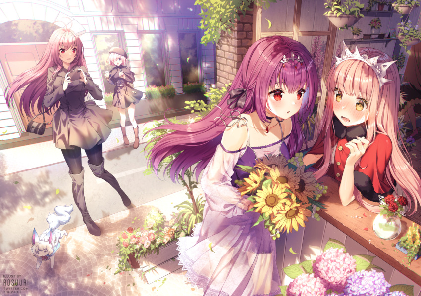 4girls ahoge alternate_costume animal artist_name bag bangs black_bow black_dress black_footwear black_legwear blunt_bangs blush boots bouquet bow brick_wall building capelet cellphone commentary_request creature cup day disposable_cup dress fate/grand_order fate_(series) flower fou_(fate/grand_order) fur-trimmed_capelet fur_trim hair_between_eyes hair_bow hair_over_one_eye handbag hat headpiece heroic_spirit_traveling_outfit holding holding_cellphone holding_phone hydrangea lavender_hair long_hair long_sleeves mash_kyrielight medb_(fate)_(all) multiple_girls nose_blush open_mouth outdoors pantyhose phone pink_flower pink_hair purple_dress purple_flower purple_hair red_capelet red_eyes red_flower red_rose road rose rosuuri scathach_(fate)_(all) scathach_(fate/grand_order) scathach_skadi_(fate/grand_order) short_hair shoulder_bag sidelocks smartphone street sunflower thigh-highs thigh_boots tiara vase very_long_hair violet_eyes watermark wavy_mouth web_address yellow_eyes yellow_flower