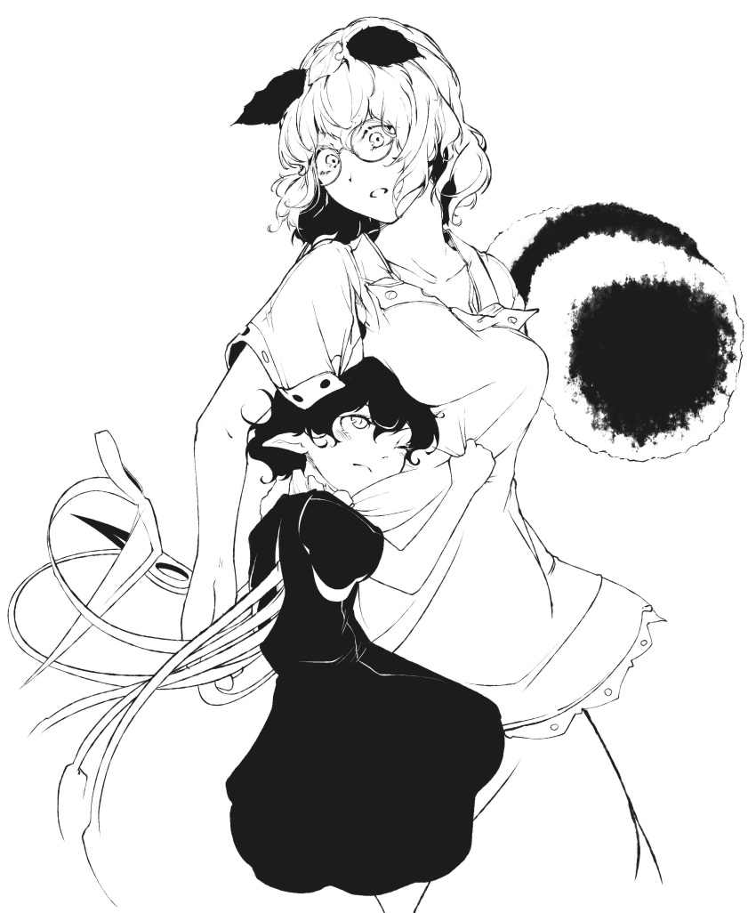 2girls absurdres animal_ears asymmetrical_wings borrowed_design dress frilled_dress frills futatsuiwa_mamizou glasses greyscale highres hiyuu_(flying_bear) houjuu_nue japanese_clothes leaf leaf_on_head monochrome multiple_girls open_mouth pointy_ears raccoon_ears raccoon_tail short_dress short_hair short_sleeves skirt tail touhou wings