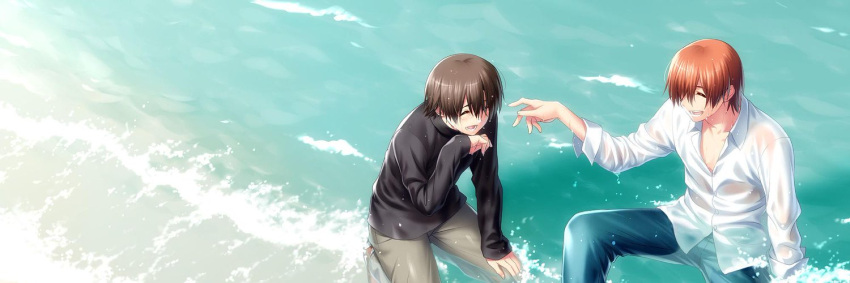 2boys bangs beach black_sweater brown_hair day hand_on_own_chin kneeling laughing little_busters!! long_sleeves multiple_boys naoe_riki natsume_kyousuke ocean outdoors sand shirt shore sitting smile sweater turtleneck turtleneck_sweater water wet wet_clothes wet_hair wet_shirt white_shirt zen