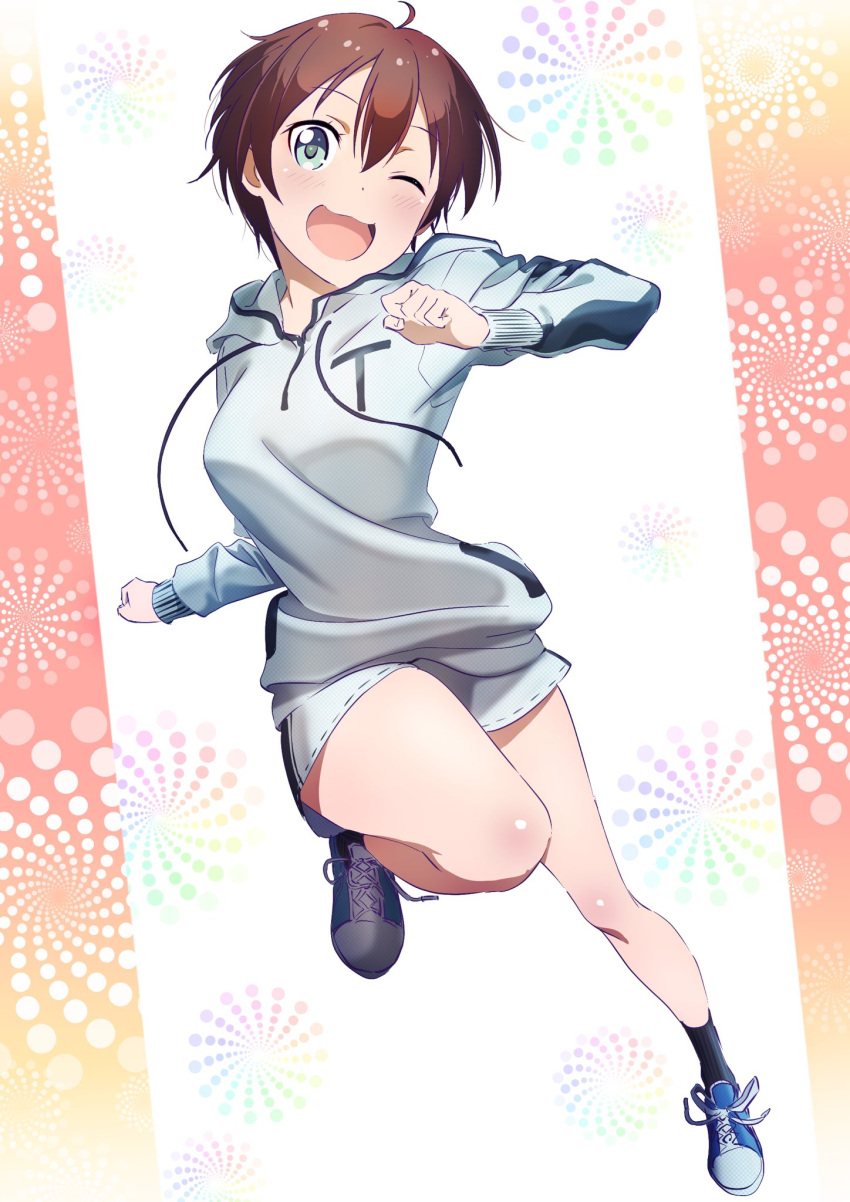 1girl ;d black_legwear blue_eyes brown_hair full_body highres hood hood_down hooded_sweater leg_up long_sleeves looking_at_viewer new_game! one_eye_closed open_mouth pink_x shinoda_hajime shiny shiny_skin shoes short_hair short_shorts shorts smile sneakers socks solo sweater white_background white_shorts white_sweater