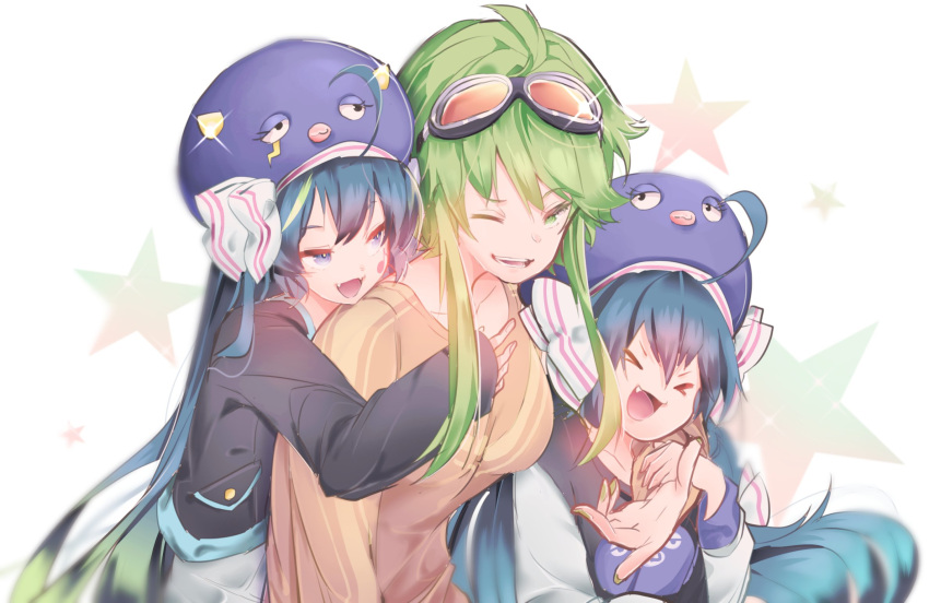 &gt;_&lt; 3girls ahoge arm_around_shoulder blue_hair bow collarbone commentary dual_persona eel_hat eighth_note facial_tattoo fang fangs goggles goggles_on_head green_eyes green_hair gumi hair_bow highres holding_arm hug jacket long_hair multiple_girls musical_note one_eye_closed orange_shirt otomachi_una shirt short_hair_with_long_locks sidelocks smile star starry_background t-shirt tattoo upper_body vocaloid wanaxtuco