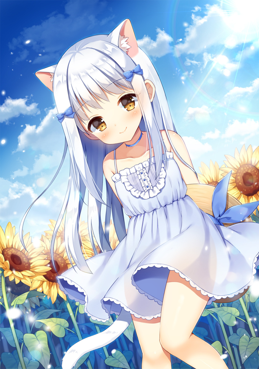 1girl animal_ear_fluff animal_ears arms_behind_back bangs bare_shoulders blue_choker blue_dress blue_sky blush bow brown_eyes brown_headwear cat_ears cat_girl cat_tail choker closed_mouth clouds cloudy_sky collarbone commentary_request day dress dutch_angle eyebrows_visible_through_hair field flower flower_field hair_bow hat hat_removed headwear_removed highres holding holding_hat long_hair mauve original outdoors red_bow sky sleeveless sleeveless_dress smile solo sun_hat sunflower sunlight tail white_hair yellow_flower