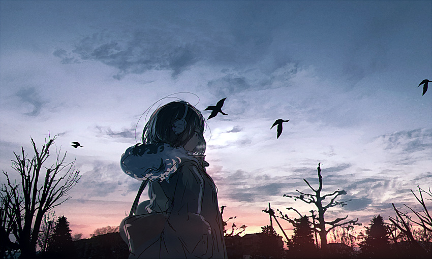 1girl bag bare_tree bird breath clouds coat from_side grey_sky grey_theme highres hood hood_down mifuru original outdoors scenery school_bag short_hair sky solo tree twilight upper_body winter