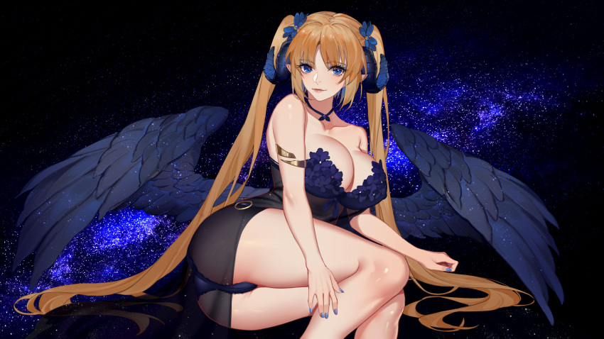 1girl absurdres armlet bangs bare_arms bare_shoulders black_choker black_dress black_wings blonde_hair blue_eyes blue_nails blue_panties breasts choker closed_mouth collarbone commentary demon_girl demon_horns dress eyebrows_visible_through_hair eyelashes feathered_wings fingernails flower hair_between_eyes hair_flower hair_ornament highres horns koi_han large_breasts long_hair looking_at_viewer low_wings lying nail_polish on_side original panties parted_bangs pink_lips pointy_ears see-through sidelocks simple_background sleeveless sleeveless_dress slit_pupils smile solo twintails underwear very_long_hair white_background wings