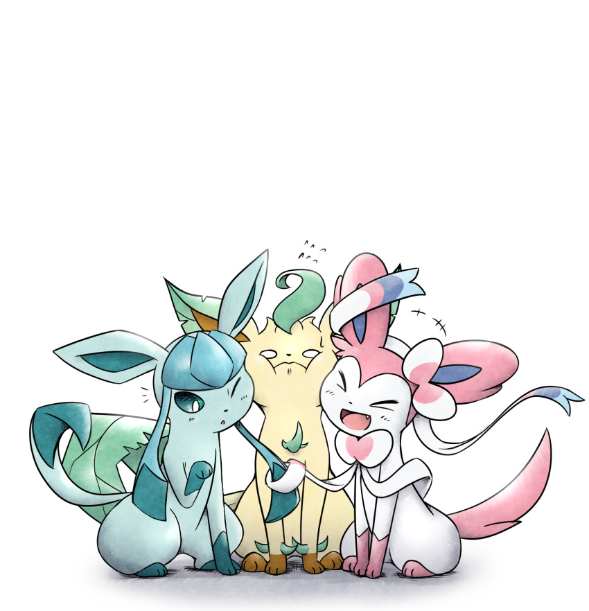 &gt;_&lt; blue_sclera blush closed_eyes closed_mouth fang flying_sweatdrops full_body gen_4_pokemon gen_6_pokemon glaceon hand_up happy highres kashiwa_(3920kashiwa) leafeon light_blush looking_down nervous no_humans notice_lines o_o one_eye_closed open_mouth pokemon pokemon_(creature) simple_background sitting smile sweat sylveon white_background white_eyes