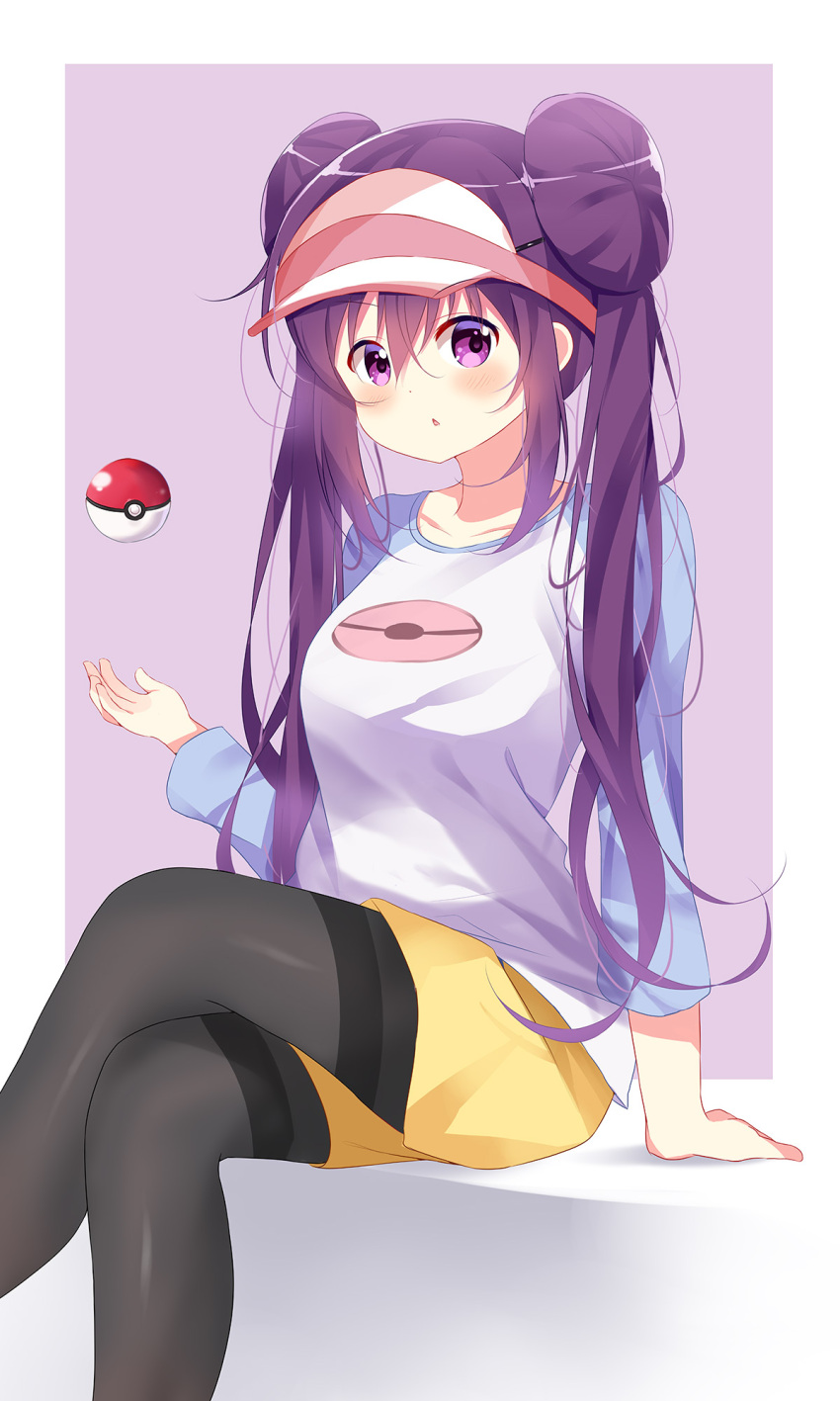 1girl arm_support bangs blush breasts collarbone commentary_request cosplay crossed_legs deyui double_bun eyebrows_visible_through_hair gochuumon_wa_usagi_desu_ka? hair_between_eyes hair_ornament hairclip highres long_hair long_sleeves looking_at_viewer medium_breasts mei_(pokemon) mei_(pokemon)_(cosplay) pantyhose parted_lips poke_ball poke_ball_(generic) pokemon pokemon_(game) pokemon_bw2 purple_background purple_hair raglan_sleeves shirt short_shorts shorts sidelocks sitting solo tedeza_rize thighband_pantyhose twintails two-tone_background very_long_hair violet_eyes visor_cap white_background white_headwear white_shirt yellow_shorts