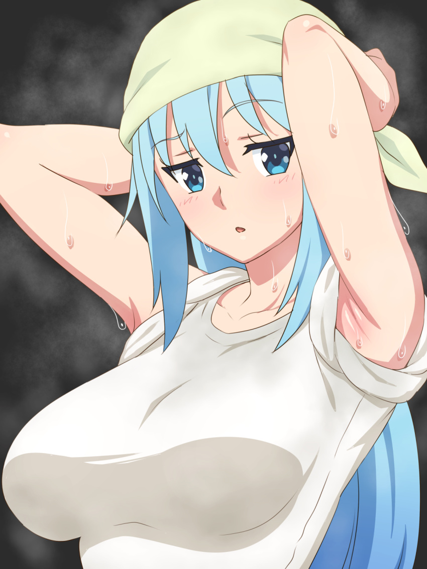 1girl :o alternate_hairstyle aqua_(konosuba) armpits arms_behind_head arms_up bandana black_background blue_eyes blue_hair blush breasts eyebrows eyebrows_visible_through_hair green_bandana hair_between_eyes highres kono_subarashii_sekai_ni_shukufuku_wo! light_blush long_hair looking_at_viewer medium_breasts open_mouth raised_eyebrow shiny shiny_skin shirt short_sleeves simple_background sleeves_rolled_up solo steaming_body sweat tedain upper_body wet wet_clothes wet_shirt white_shirt