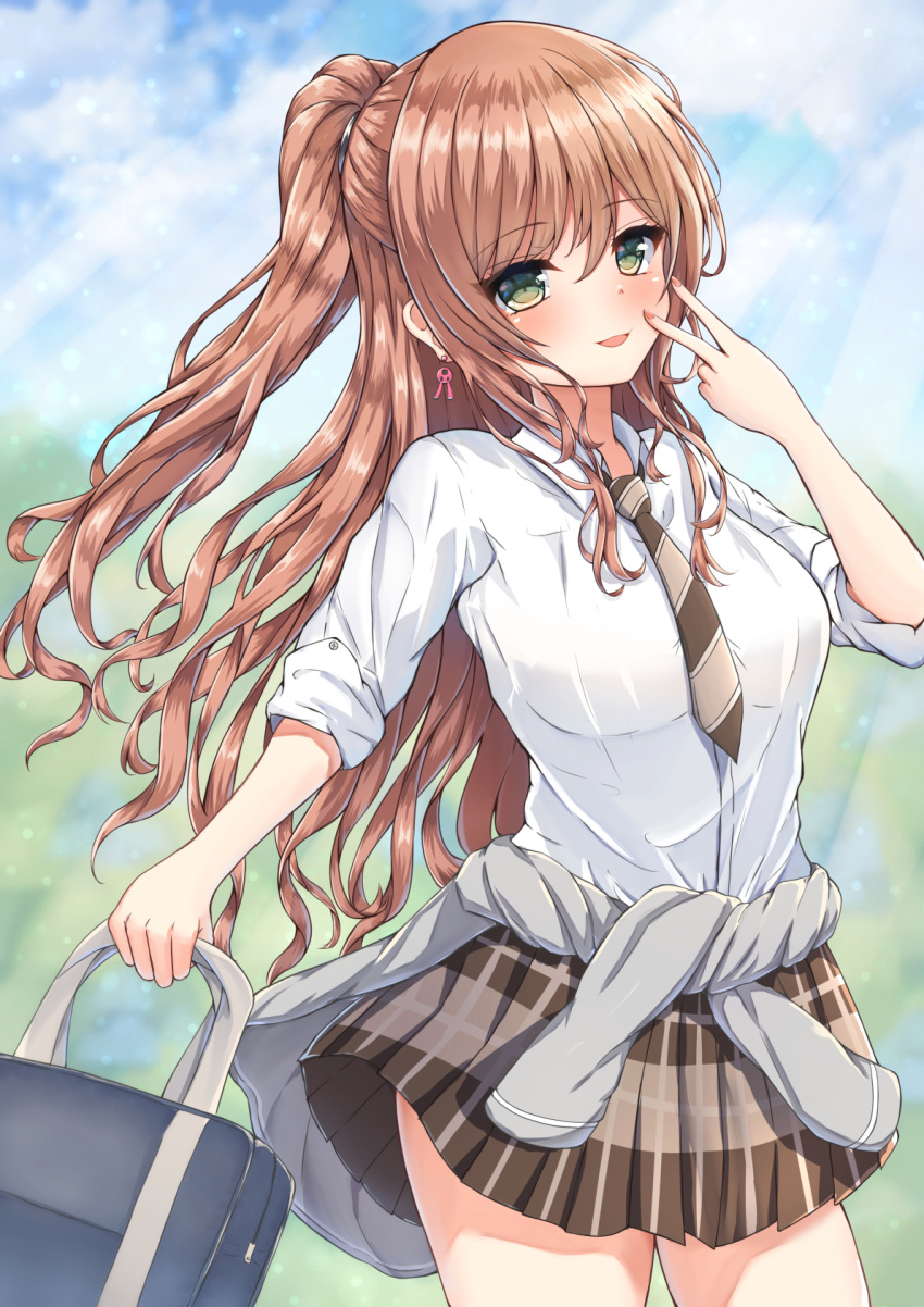 1girl :d bag bang_dream! bangs blurry blurry_background blush brown_hair bunny_earrings clothes_around_waist collared_shirt commentary_request cowboy_shot day green_eyes half_updo haneoka_school_uniform highres holding holding_bag imai_lisa jacket_around_waist long_hair miniskirt necktie open_mouth outdoors plaid plaid_skirt pleated_skirt ryakusun school_bag school_uniform shirt sidelocks skirt sleeves_rolled_up smile solo striped striped_neckwear v_over_eye white_shirt