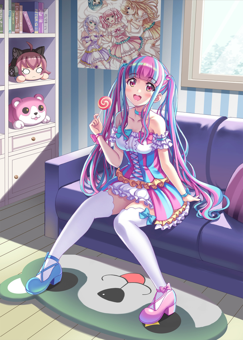 +_+ 1girl :3 :d ahoge ankle_strap bang_dream! bangs bare_shoulders blonde_hair blue_bow blue_footwear blue_hair blunt_bangs blush book bow candy cat_ear_headphones character_doll choker commentary_request couch cross-laced_clothes cushion day dress food frilled_sleeves frills hair_bobbles hair_ornament headphones highres hikawa_hina holding_lollipop indoors kenkou_toshikou lollipop long_hair looking_at_viewer maruyama_aya michelle_(bang_dream!) multicolored multicolored_clothes multicolored_dress multicolored_hair nesoberi nyubara_reona o_o open_mouth pink_bow pink_dress pink_eyes pink_hair poster_(object) purple_dress rug shirasagi_chisato short_sleeves sitting smile solo stuffed_animal stuffed_toy tamade_chiyu teddy_bear thigh-highs twintails two-tone_hair very_long_hair wakamiya_eve white_hair white_legwear window wooden_floor wrist_bow yellow_dress