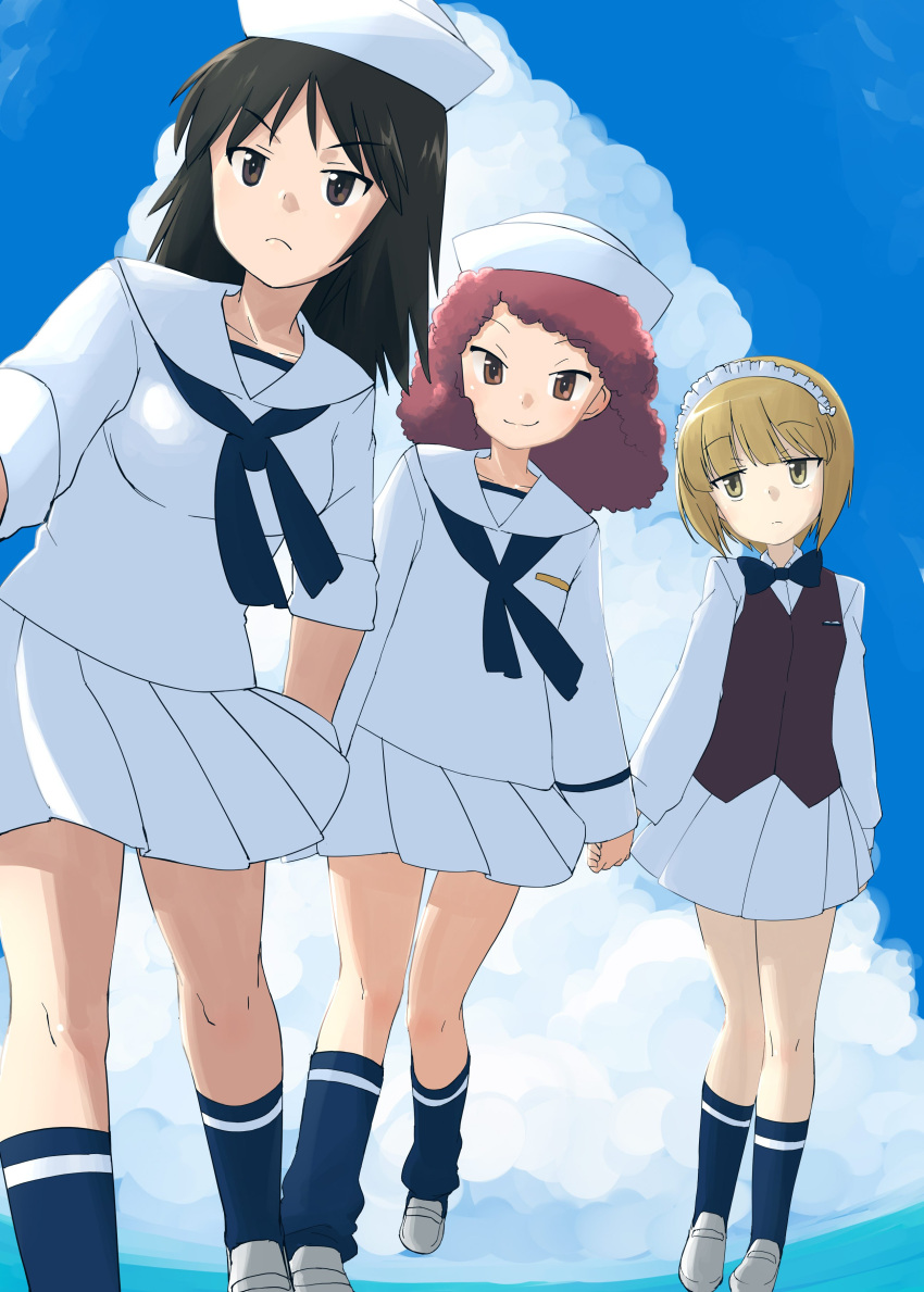 3girls absurdres bangs bartender black_eyes black_hair black_neckwear blonde_hair blouse blue_sky blunt_bangs bow bowtie brown_vest closed_mouth clouds cloudy_sky commentary curly_hair cutlass_(girls_und_panzer) day dixie_cup_hat dress_shirt eyebrows_visible_through_hair frown girls_und_panzer hamahara_yoshio handkerchief hat highres holding_hands loafers long_hair long_sleeves looking_at_viewer loose_socks maid_headdress military_hat miniskirt multiple_girls murakami_(girls_und_panzer) navy_blue_legwear navy_blue_neckwear neckerchief ooarai_naval_school_uniform outdoors pleated_skirt print_legwear red_eyes redhead rum_(girls_und_panzer) sailor sailor_collar school_uniform shirt shoes short_hair skirt sky sleeves_rolled_up smile socks standing v-shaped_eyebrows vest walking white_blouse white_footwear white_headwear white_shirt white_skirt wing_collar yellow_eyes