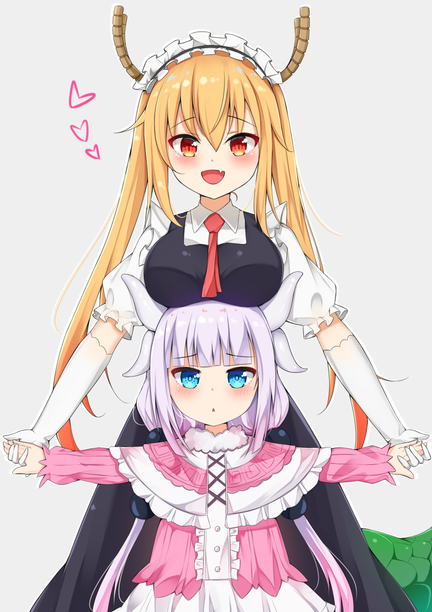 2girls :d :o absurdres bangs blonde_hair blue_eyes blunt_bangs blush breasts dragon_girl dragon_horns dragon_tail eyebrows_visible_through_hair fang gloves gradient_hair grey_background heart highres holding_hands horns kanna_kamui kobayashi-san_chi_no_maidragon large_breasts lavender_hair long_hair looking_at_viewer low_twintails maid_headdress multicolored_hair multiple_girls open_mouth outstretched_arms pink_hair puffy_short_sleeves puffy_sleeves red_eyes red_neckwear short_sleeves simple_background slit_pupils smile tail tming tooru_(maidragon) twintails white_gloves