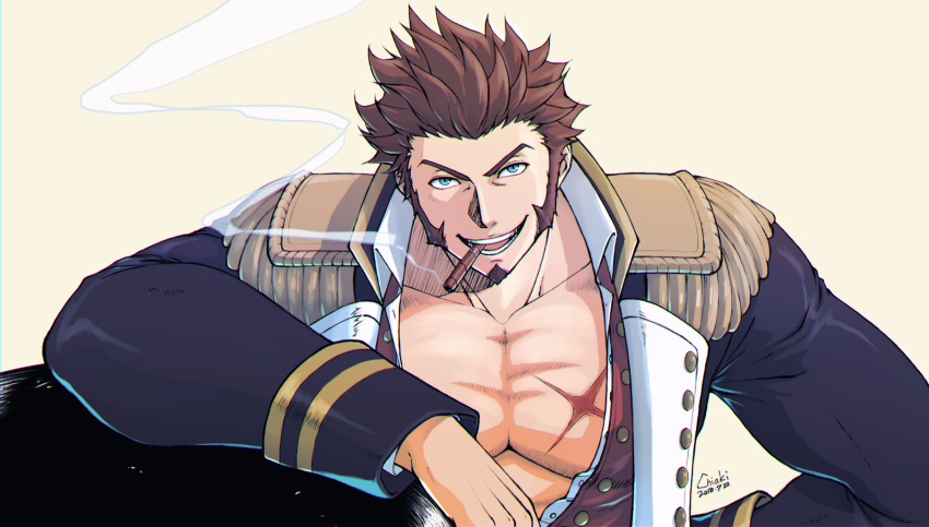 1boy abs arm_rest bara beard blue_eyes brown_hair chest chiakikor cigar epaulettes face facial_hair fate/grand_order fate_(series) hand_on_hip highres jacket long_sleeves looking_at_viewer male_focus military military_uniform muscle napoleon_bonaparte_(fate/grand_order) open_clothes open_jacket pectorals scar simple_background smile smoke smoking solo uniform