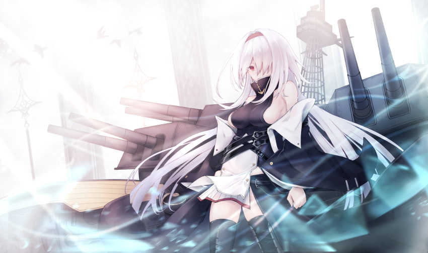 1girl anchor_symbol arms_at_sides azur_lane bangs bare_shoulders belt black_footwear blush boots breasts cannon colorado_(azur_lane) cross-laced_footwear detached_sleeves dress eyebrows_visible_through_hair hair_over_one_eye hairband highres lace-up_boots large_breasts long_hair looking_at_viewer nishina_kakeri no_bra red_eyes red_hairband sideboob skirt sleeveless sleeveless_dress solo thigh-highs thigh_boots thighs white_hair wide_sleeves wind wind_lift