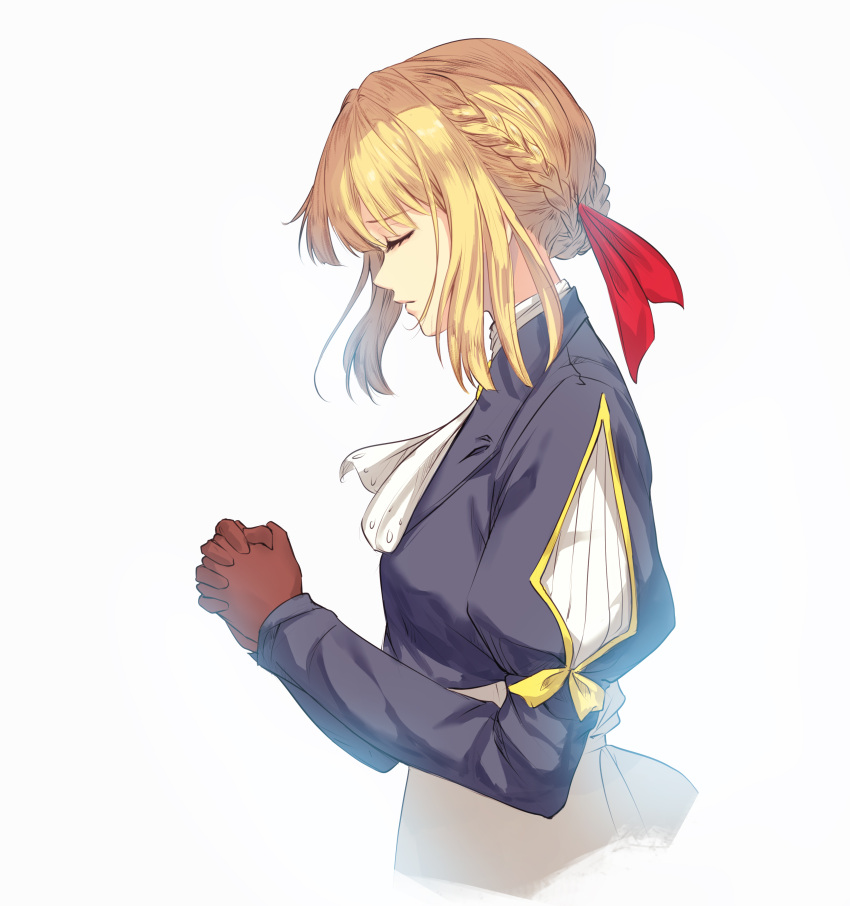 1girl absurdres azto_dio blonde_hair blue_jacket braid brown_gloves closed_eyes closed_mouth english_commentary from_side gloves hair_between_eyes hair_intakes hair_ribbon highres interlocked_fingers jacket kyoto_animation praying red_ribbon ribbon violet_evergarden violet_evergarden_(character) white_neckwear