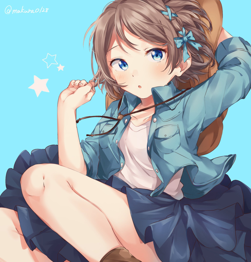 1girl :o alternate_hairstyle blue_background blue_eyes blue_jacket blue_ribbon blue_skirt blush braid breast_pocket brown_hair brown_headwear collared_jacket commentary_request cowboy_hat hair_ribbon hat highres jacket long_sleeves love_live! love_live!_sunshine!! makura_(makura0128) playing_with_own_hair pocket ribbon shirt side_braid skirt sleeves_folded_up solo star twitter_username watanabe_you western white_shirt