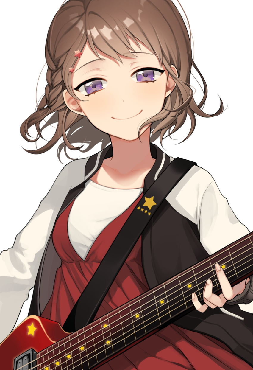 1girl alternate_hairstyle bang_dream! bari_dal braid brown_hair dress electric_guitar guitar hair_ornament half-closed_eyes highres instrument jacket looking_at_viewer medium_hair music playing_instrument raglan_sleeves red_dress shirt side_braid smile solo star star_hair_ornament star_print toyama_kasumi upper_body violet_eyes white_shirt