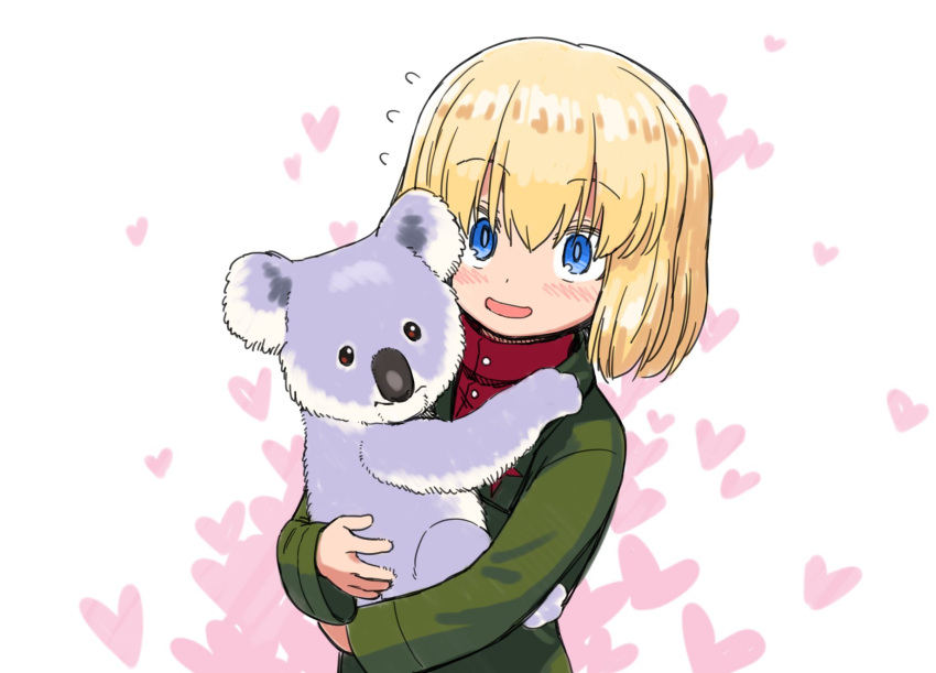 1girl animal bangs blonde_hair blue_eyes blush cling eyebrows_visible_through_hair girls_und_panzer heart highres hug katyusha koala looking_at_viewer open_mouth pravda_military_uniform sabaku short_hair smile