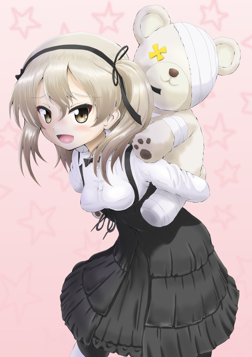 1girl absurdres bandages bangs black_legwear black_neckwear black_skirt blush boko_(girls_und_panzer) bow bowtie brown_eyes casual collared_shirt commentary cowboy_shot daxz240r eyebrows_visible_through_hair girls_und_panzer high-waist_skirt highres holding holding_stuffed_animal layered_skirt leaning_forward light_blush light_brown_hair long_hair long_sleeves looking_at_viewer medium_skirt one_side_up open_mouth pantyhose pig pink_background shimada_arisu shirt skirt smile solo star starry_background striped striped_legwear stuffed_animal stuffed_toy suspender_skirt suspenders teddy_bear white_shirt