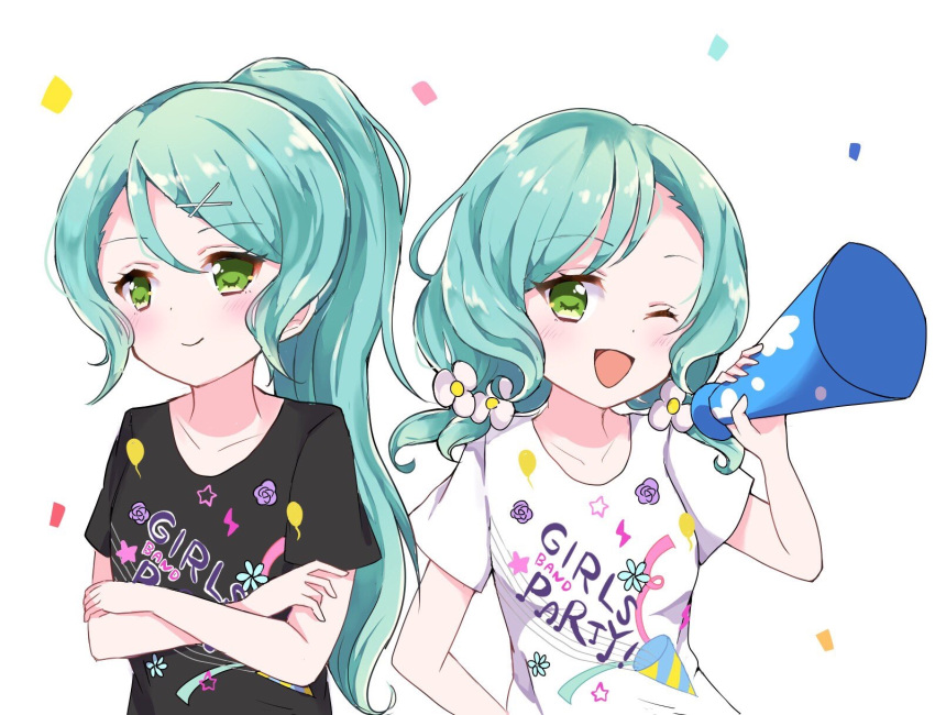 2girls ;d aqua_hair bang_dream! black_shirt blush clothes_writing confetti crossed_arms flower green_eyes hair_flower hair_ornament hair_up highres hikawa_hina hikawa_sayo holding_megaphone kaeru_(pau777) long_hair multiple_girls one_eye_closed open_mouth ponytail shirt short_sleeves siblings sisters smile t-shirt twins twintails upper_body white_flower white_shirt x_hair_ornament