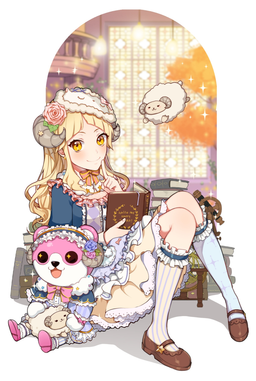 +_+ 1girl :3 :d bang_dream! bangs bari_dal blonde_hair blue_flower blue_legwear blue_rose blush book book_stack bow bowtie brown_footwear capelet center_frills dress earrings english_commentary flower frills garters hair_flower hair_ornament hairband highres holding holding_book horn_flower horns index_finger_raised jewelry knees_together_feet_apart light_bulb lolita_hairband long_hair mary_janes mask mask_on_head michelle_(bang_dream!) mismatched_legwear open_mouth pink_flower pink_neckwear pink_rose print_legwear rose sheep_horns shoes sidelocks sitting sleep_mask smile solo sparkle striped striped_legwear stuffed_animal stuffed_sheep stuffed_toy teddy_bear telescope tsurumaki_kokoro vertical-striped_legwear vertical_stripes window yellow_eyes