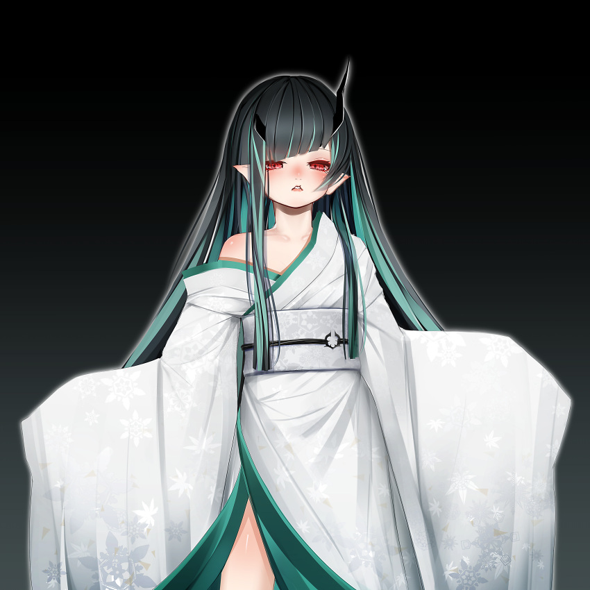 1girl absurdres alternate_costume bangs black_hair blue_hair blush commentary_request demon_girl demon_horns doryudory feet_out_of_frame flat_chest floral_print gradient gradient_background grey_background highres horns japanese_clothes kimono long_hair long_sleeves looking_at_viewer multicolored_hair obi off_shoulder open_mouth pointy_ears red_eyes sash shishio_chris sleeves_past_fingers sleeves_past_wrists solo sugar_lyric two-tone_hair virtual_youtuber white_kimono white_sash wide_sleeves