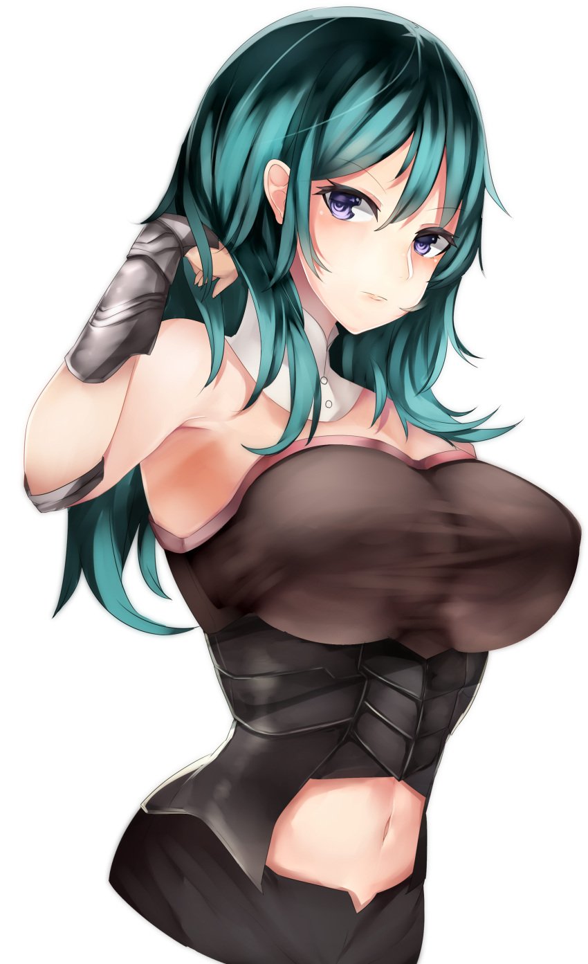 1girl absurdres blue_eyes blue_hair breasts byleth byleth_(female) closed_mouth fire_emblem fire_emblem:_three_houses highres large_breasts long_hair navel simple_background solo tea_texiamato upper_body white_background