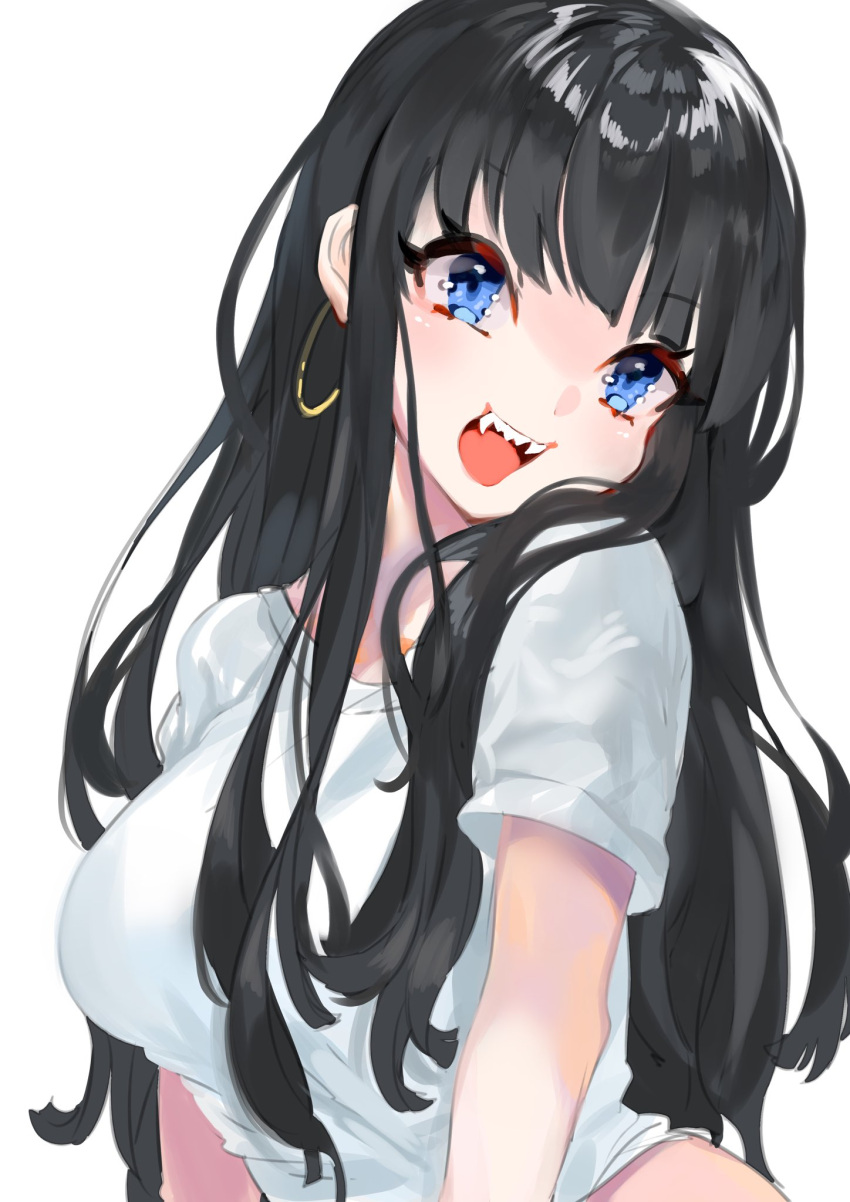 1girl :d aano_(10bit) bangs black_hair blue_eyes breasts earrings eyeliner highres jewelry large_breasts long_hair looking_at_viewer makeup naishi-chan open_mouth original sharp_teeth shirt simple_background smile solo t-shirt teeth white_background