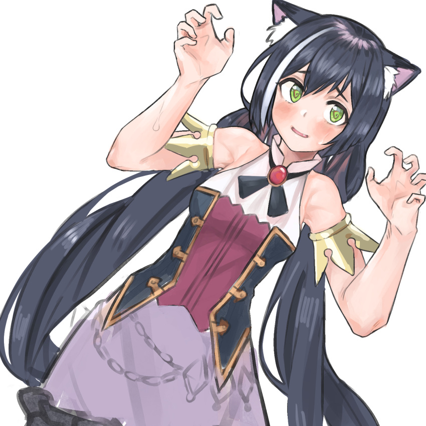 1girl @_@ animal_ear_fluff animal_ears armlet bangs bare_shoulders black_hair blush brooch cat_ears claw_pose commentary fang green_eyes hair_between_eyes hands_up highres jewelry kyaru_(princess_connect) long_hair looking_at_viewer low_twintails multicolored_hair parted_lips princess_connect! princess_connect!_re:dive qrer123 simple_background sleeveless smile solo streaked_hair sweat twintails two-tone_hair very_long_hair white_background white_hair