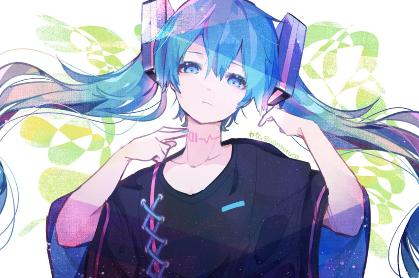 1girl black_shirt blue_eyes blue_hair commentary cross-laced_clothes expressionless hair_ornament hand_on_own_neck hands_up hatsune_miku head_tilt long_hair looking_at_viewer nail_polish neck_tattoo shirt solo tattoo twintails upper_body very_long_hair vocaloid wanaxtuco wide_sleeves