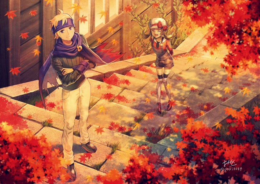 1boy 1girl :d arms_behind_back autumn autumn_leaves black_sweater blonde_hair blue_shorts bow brown_hair cape closed_eyes cropped_arms dappled_sunlight day full_body hair_bow hat headband kotone_(pokemon) leaf long_hair long_sleeves looking_at_viewer maple_leaf matsuba_(pokemon) ooki1089 open_mouth outdoors pants pokemon pokemon_(game) pokemon_hgss purple_cape red_bow red_shirt ribbed_sweater shirt short_shorts shorts smile standing sunlight suspender_shorts suspenders sweater thigh-highs torn_cape torn_clothes twitter_username violet_eyes white_headwear white_legwear white_pants