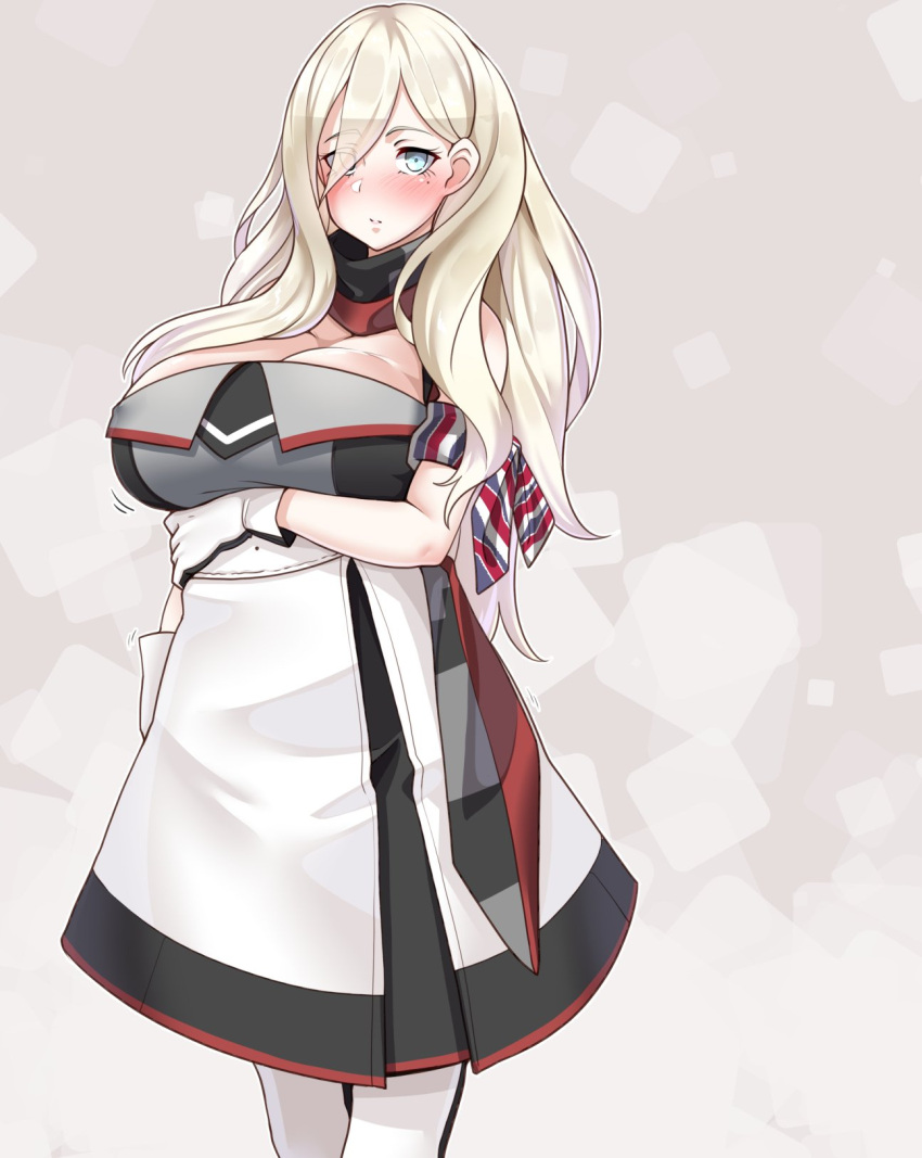 1girl black_gloves black_scarf blonde_hair blue_eyes breasts collarbone commentary_request cowboy_shot dress gloves grey_dress hair_between_eyes highres kantai_collection large_breasts long_hair mole mole_under_eye mole_under_mouth multicolored multicolored_clothes multicolored_dress multicolored_gloves multicolored_scarf red_scarf richelieu_(kantai_collection) ryuun_(stiil) scarf solo strapless strapless_dress white_gloves