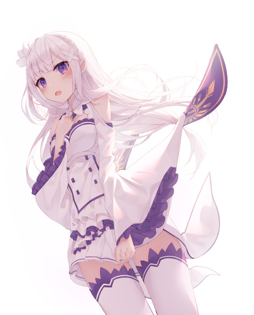 1girl bare_shoulders braid breasts cowboy_shot detached_collar elf emilia_(re:zero) floating_hair french_braid frown hair_ornament hand_on_own_chest hand_up highres long_hair long_sleeves looking_at_viewer miniskirt momingie open_mouth pleated_skirt pointy_ears re:zero_kara_hajimeru_isekai_seikatsu shirt sidelocks simple_background skirt small_breasts solo sweat thigh-highs violet_eyes white_background white_hair white_legwear white_shirt white_skirt wide_sleeves zettai_ryouiki