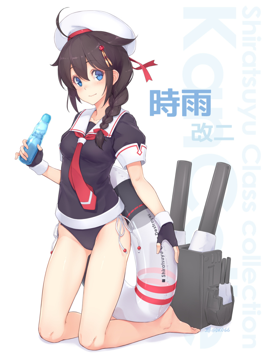 1girl ahoge ass_visible_through_thighs barefoot bikini black_bikini_bottom black_hair black_serafuku blue_eyes blush bottle braid breasts cannon closed_mouth collarbone dan_(kumadan) fingerless_gloves full_body gloves hair_flaps hair_ornament hair_over_shoulder hair_ribbon highres holding holding_bottle innertube kantai_collection long_hair looking_at_viewer medium_breasts no_pants ramune red_neckwear remodel_(kantai_collection) ribbon school_uniform serafuku shigure_(kantai_collection) short_sleeves side-tie_bikini simple_background single_braid solo swimsuit white_background white_headwear