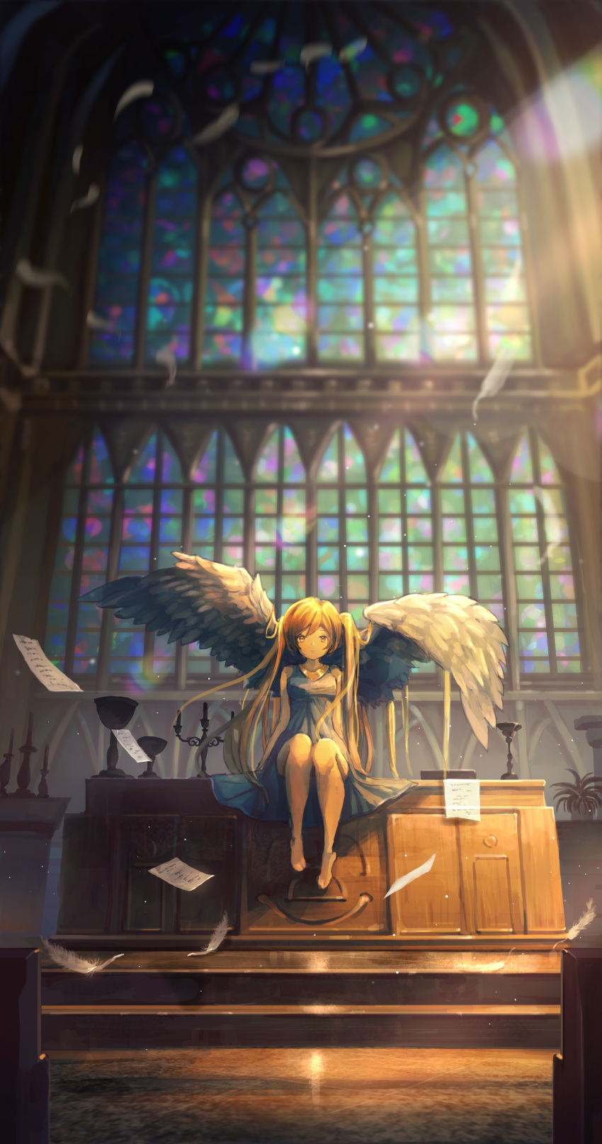 1girl absurdres angel barefoot candle candlestand church church_interior commentary_request dress feathered_wings feathers goblet highres indoors long_hair looking_at_viewer nogi_momoko original papers plant potted_plant sitting sleeveless sleeveless_dress solo stained_glass twintails very_long_hair window wings