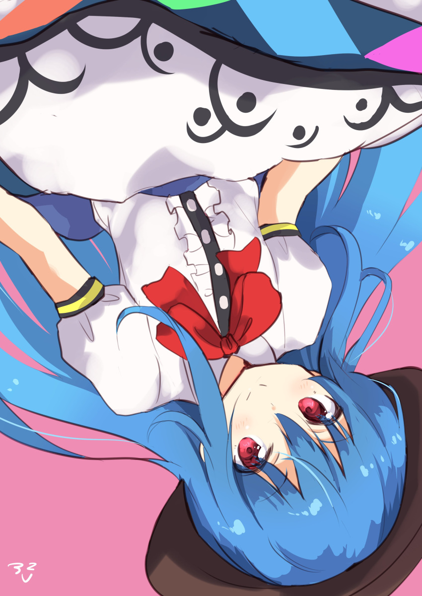 1girl absurdres amano_kouki artist_name bangs black_headwear blue_hair blue_skirt bow bowtie closed_mouth commentary eyebrows_visible_through_hair highres hinanawi_tenshi long_hair looking_at_viewer medium_skirt pink_background puffy_short_sleeves puffy_sleeves red_eyes red_neckwear shirt short_sleeves signature simple_background skirt smile solo touhou upside-down