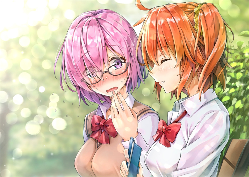 2girls ahoge blurry blurry_background blush bow breasts cellphone closed_eyes commentary_request day eyebrows_visible_through_hair eyes_visible_through_hair fate/grand_order fate_(series) fujimaru_ritsuka_(female) glasses hair_ornament hair_over_one_eye hair_scrunchie kotatsu_(kotatsu358) lavender_hair mash_kyrielight medium_breasts multiple_girls open_mouth orange_hair outdoors phone purple_hair red_bow red_neckwear scrunchie shirt short_hair side_ponytail smartphone smile violet_eyes white_shirt yuri