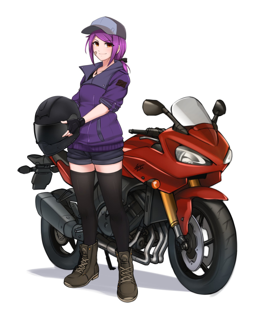 1girl airisubaka bangs black_gloves black_legwear boots breasts brown_footwear collarbone commentary eyebrows_visible_through_hair fingerless_gloves full_body gloves ground_vehicle hat helmet highres jacket jewelry leah_(airisubaka) long_hair looking_at_viewer medium_breasts motor_vehicle motorcycle motorcycle_helmet necklace original purple_hair purple_jacket short_shorts shorts simple_background smile solo thigh-highs white_background yellow_eyes