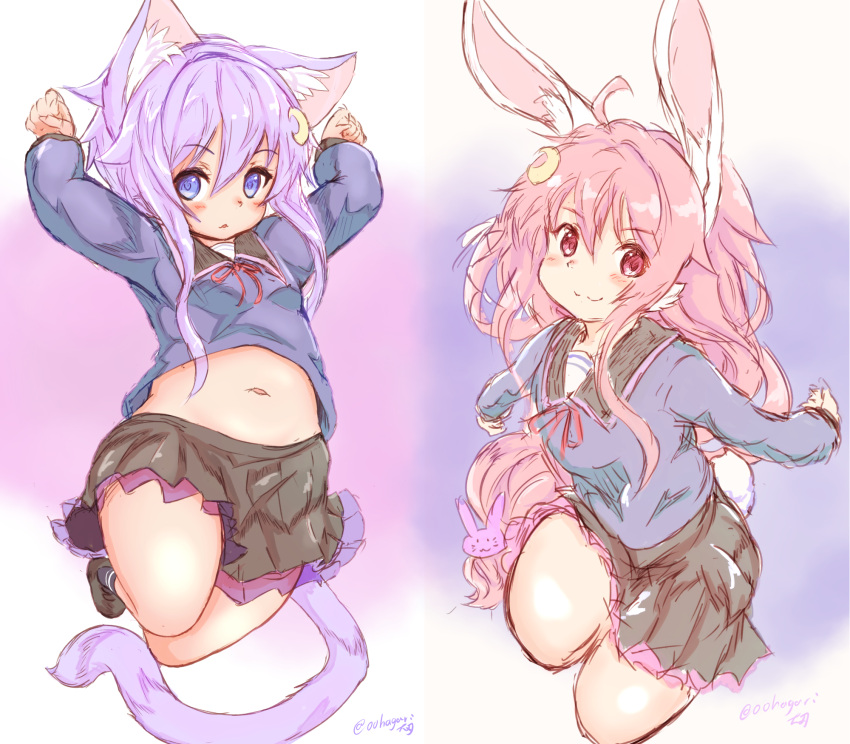 2girls ahoge animal_ear_fluff animal_ears arms_up black_skirt blue_shirt blush bunny_tail cat_ears cat_tail clenched_hands crescent crescent_hair_ornament hair_ornament highres jumping kantai_collection legs_up long_hair low-tied_long_hair midriff multiple_girls navel ooba_jun paw_pose pink_eyes pink_hair purple_hair rabbit_ears school_uniform serafuku shirt short_hair short_hair_with_long_locks simple_background sketch skirt smile solo tail thighs uzuki_(kantai_collection) white_background yayoi_(kantai_collection)