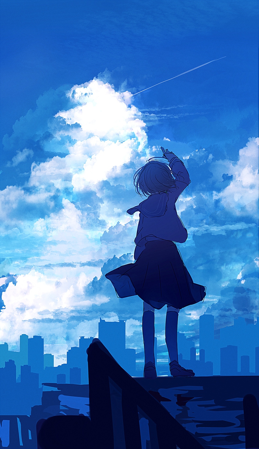 1girl absurdres arm_up blue_theme cityscape clouds condensation_trail from_behind highres huge_filesize kneehighs mifuru original outdoors reaching_out scenery school_uniform serafuku shirt shoes short_hair skirt sky skyline solo standing