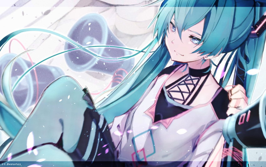 1girl blue_eyes blue_hair casual commentary earrings hair_ornament halterneck hatsune_miku highres holding_megaphone jewelry knees_up long_hair looking_at_viewer megaphone petals sitting skirt smirk solo string string_around_finger thigh-highs twintails very_long_hair vocaloid wanaxtuco zoom_layer