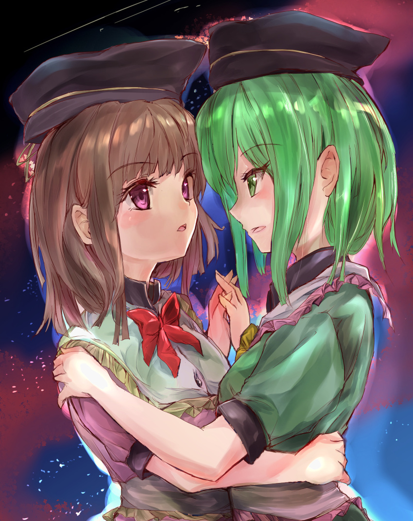 2girls absurdres aura bangs bow bowtie brown_hair clouds commentary_request dress eye_contact eyebrows_visible_through_hair green_dress green_eyes green_hair hand_on_another's_back hand_on_another's_shoulder hat highres holding_hands ikazuchi_akira interlocked_fingers looking_at_another multiple_girls nishida_satono outdoors parted_lips puffy_short_sleeves puffy_sleeves purple_dress red_neckwear short_hair short_sleeves sidelocks sketch sky standing star_(sky) starry_sky tate_eboshi teireida_mai touhou twilight upper_body violet_eyes yuri