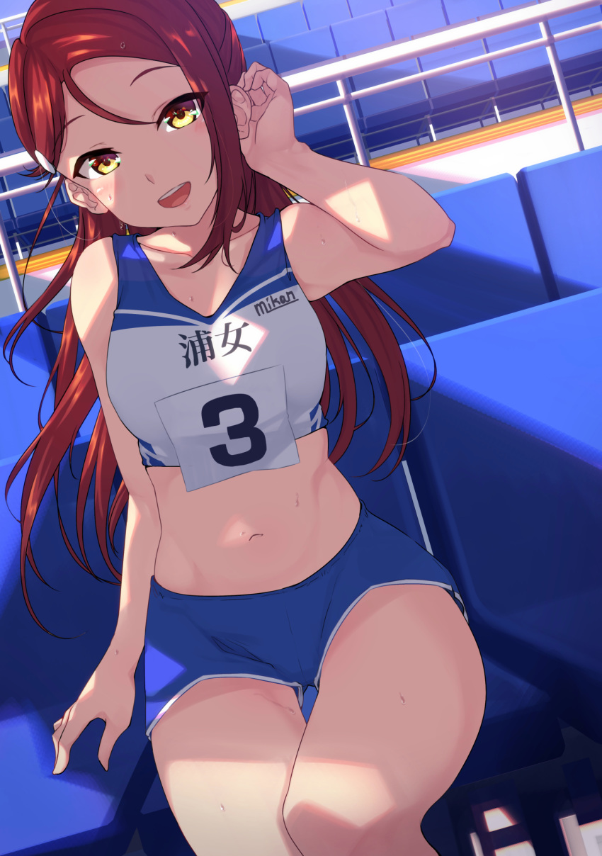 1girl bangs bare_shoulders bleachers blush breasts clothes_writing collarbone commentary_request crop_top day eyebrows_visible_through_hair gym_shorts hair_between_eyes hair_ornament hair_tucking hairclip highres long_hair looking_at_viewer love_live! love_live!_sunshine!! medium_breasts midriff navel open_mouth outdoors parted_bangs redhead sakurauchi_riko shorts sitting smile solo sweat track_and_field track_uniform yamaori_(yamaorimon) yellow_eyes