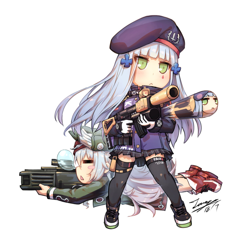 2girls :&lt; =_= assault_rifle bangs beret black_footwear black_legwear black_skirt blue_hair blunt_bangs blush blush_stickers boots breasts chibi closed_eyes closed_mouth commentary dated eyebrows_visible_through_hair facial_mark firing flat_cap g11_(girls_frontline) girls_frontline gloves green_headwear green_jacket gun h&amp;k_g11 h&amp;k_hk416 hair_between_eyes hat heckler_&amp;_koch hk416_(girls_frontline) jacket long_hair long_sleeves looking_away lying multiple_girls nose_bubble object_namesake on_stomach open_clothes open_jacket parted_lips pleated_skirt profile purple_headwear purple_jacket red_footwear rifle signature silver_hair simple_background skirt small_breasts standing tama_yu thigh-highs triangle_mouth v-shaped_eyebrows very_long_hair weapon white_background white_gloves