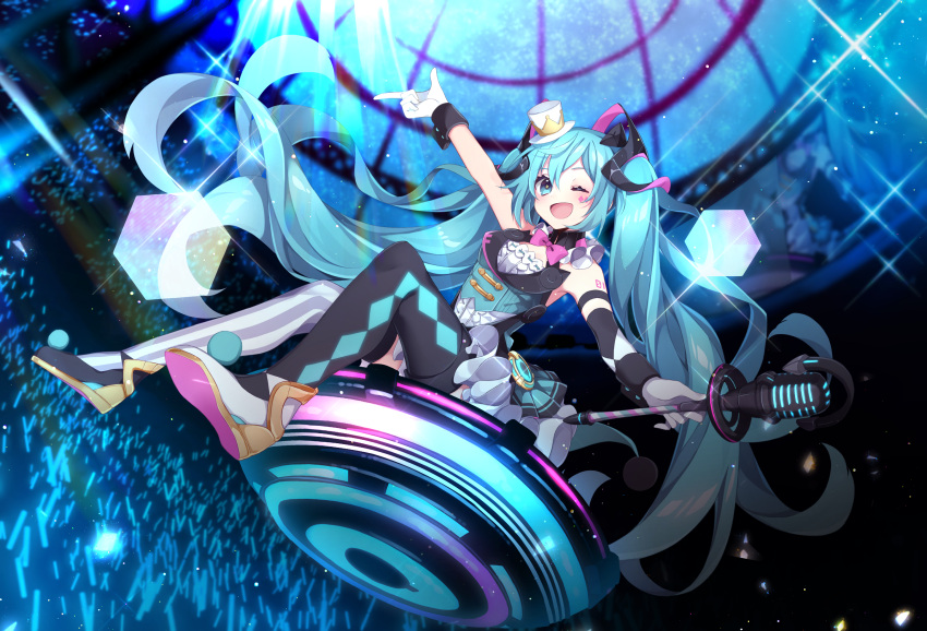 1girl ;d argyle argyle_legwear armband bangs blue_eyes blue_hair bow bowtie commentary confetti detached_sleeves diffraction_spikes finger_gun gloves glowstick hat hatsune_miku hazakura_chikori highres holding holding_microphone long_hair looking_at_viewer magical_mirai_(vocaloid) microphone mini_hat mini_top_hat miniskirt mismatched_legwear one_eye_closed open_mouth pink_neckwear shoulder_tattoo single_detached_sleeve sitting skirt smile solo striped striped_legwear tattoo thigh-highs top_hat twintails vertical-striped_legwear vertical_stripes very_long_hair vest vocaloid wand wedge_heels white_gloves white_headwear