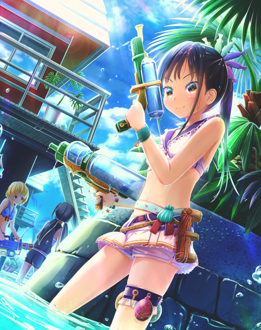 &gt;:) 3girls abo_(kawatasyunnnosukesabu) anchor bangs belt bikini black_hair blonde_hair blue_bikini brown_eyes commentary_request day fish_hair_ornament frilled_shirt_collar frills hair_ornament highres holding_water_gun holster lens_flare looking_at_viewer miniskirt multiple_girls nail_polish original outdoors palm_tree ponytail railing red_eyes sailor_bikini sailor_collar seashell shell shirt shorts shorts_under_skirt skirt sleeveless sleeveless_shirt stairs stone_wall swimsuit thigh_strap tree twintails v-shaped_eyebrows wall water_balloon water_gun waterpark wet wristband