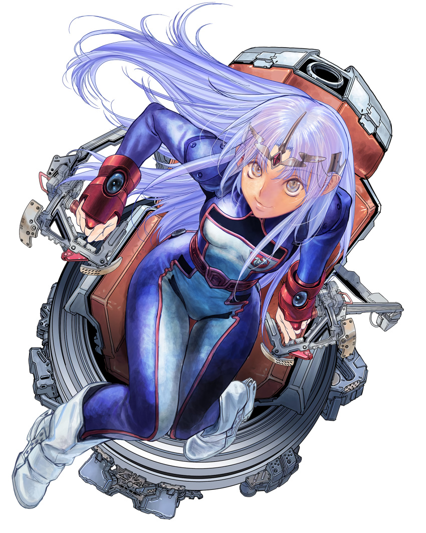 1girl blue_hair bodysuit boots chair highres lafiel long_hair looking_at_viewer official_art pointy_ears seikai_no_senki simple_background sitting smile solo thigh_gap very_long_hair white_background white_footwear