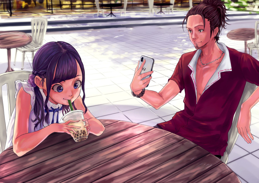 1boy 1girl black_hair braid bubble_tea cellphone chair cup day disposable_cup dolo1327 dress drinking drinking_straw facial_hair hair_ornament hair_scrunchie highres huge_filesize jewelry necklace original outdoors phone ponytail red_shirt scrunchie shirt sideburns sleeveless table watch watch white_dress