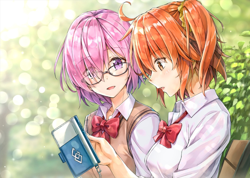 2girls ahoge blurry blurry_background blush bow breasts cellphone commentary_request day eyebrows_visible_through_hair fate/grand_order fate_(series) fujimaru_ritsuka_(female) glasses hair_ornament hair_over_one_eye hair_scrunchie kotatsu_(kotatsu358) lavender_hair mash_kyrielight multiple_girls open_mouth orange_hair outdoors phone purple_hair red_bow red_neckwear scrunchie shirt short_hair side_ponytail smartphone smile violet_eyes white_shirt